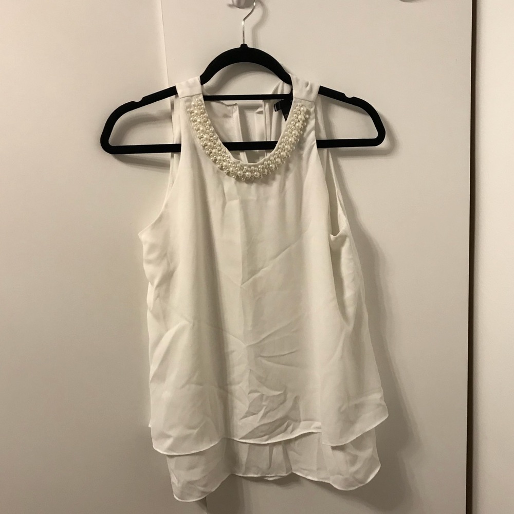 Aqua White Chiffon Blouse with Pearl Collar